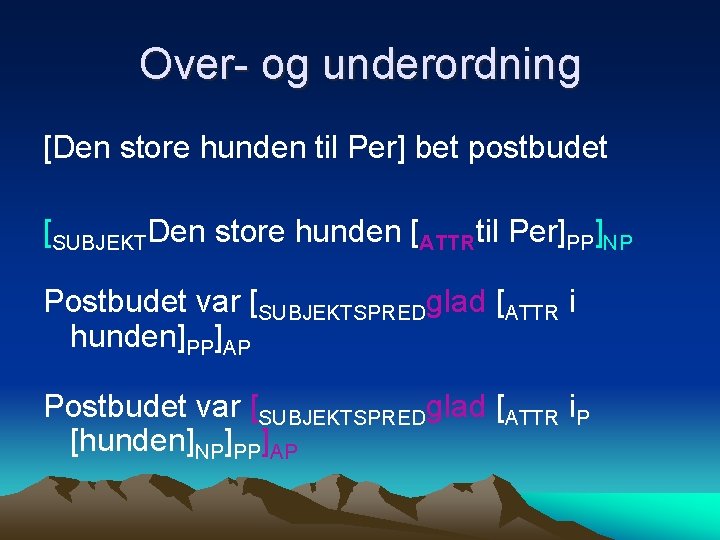 Over- og underordning [Den store hunden til Per] bet postbudet [SUBJEKTDen store hunden [ATTRtil