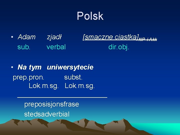 Polsk • Adam sub. zjadł verbal [smaczne ciastka]NP i Akk dir. obj. • Na
