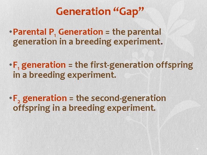 Generation “Gap” • Parental P 1 Generation = the parental generation in a breeding