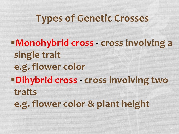 Types of Genetic Crosses §Monohybrid cross - cross involving a single trait e. g.