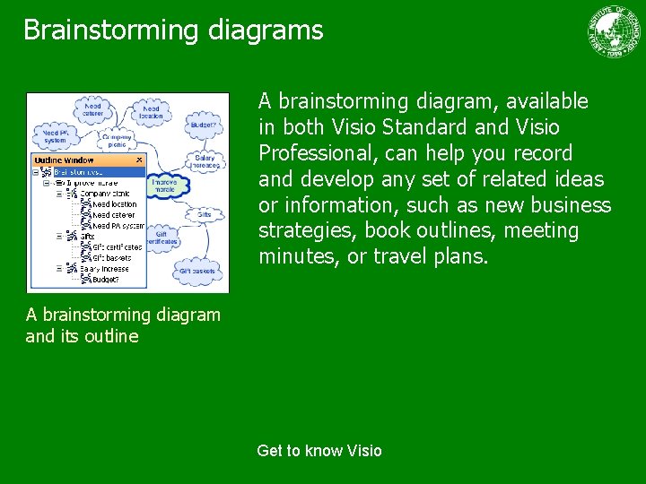 Brainstorming diagrams A brainstorming diagram, available in both Visio Standard and Visio Professional, can