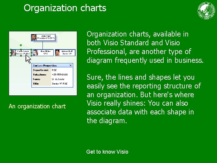 Organization charts, available in both Visio Standard and Visio Professional, are another type of