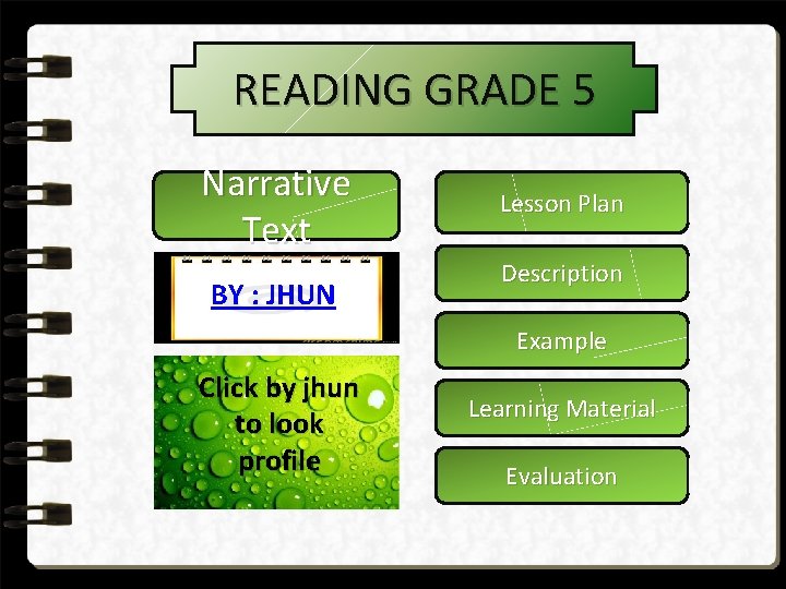 READING GRADE 5 Narrative Text BY : JHUN Lesson Plan Description Example Click by