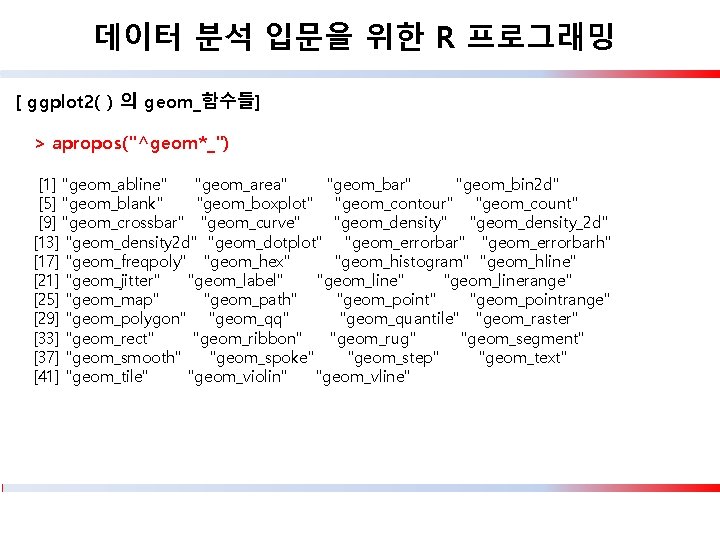 데이터 분석 입문을 위한 R 프로그래밍 [ ggplot 2( ) 의 geom_함수들] > apropos("^geom*_")