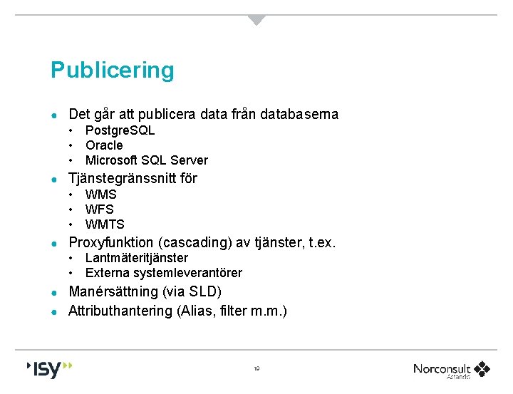 Publicering ● Det går att publicera data från databaserna • Postgre. SQL • Oracle