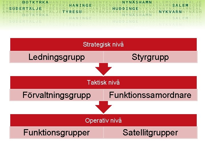 Strategisk nivå Ledningsgrupp Styrgrupp Taktisk nivå Förvaltningsgrupp Funktionssamordnare Operativ nivå Funktionsgrupper Satellitgrupper 