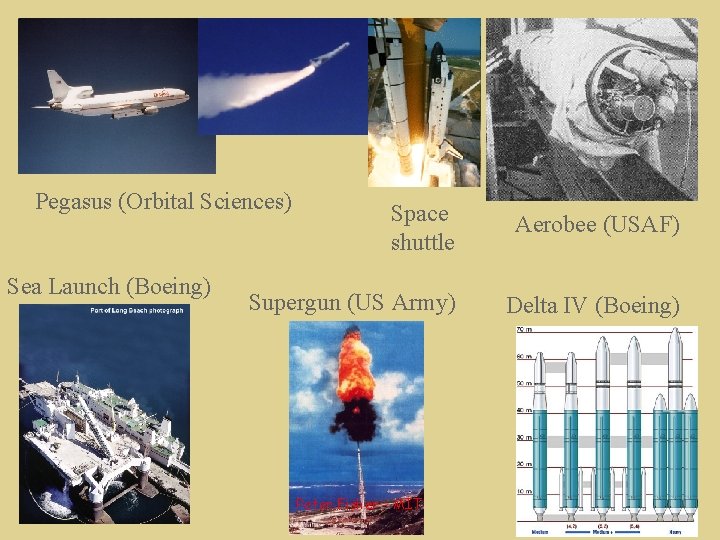 Pegasus (Orbital Sciences) Sea Launch (Boeing) Space shuttle Aerobee (USAF) Supergun (US Army) Delta
