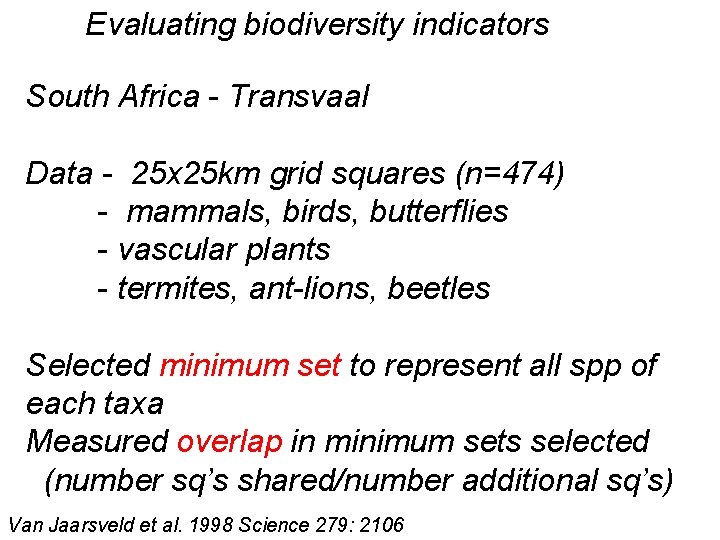 Evaluating biodiversity indicators South Africa - Transvaal Data - 25 x 25 km grid