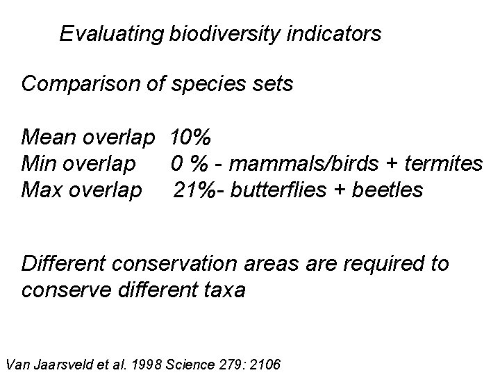 Evaluating biodiversity indicators Comparison of species sets Mean overlap 10% Min overlap 0 %