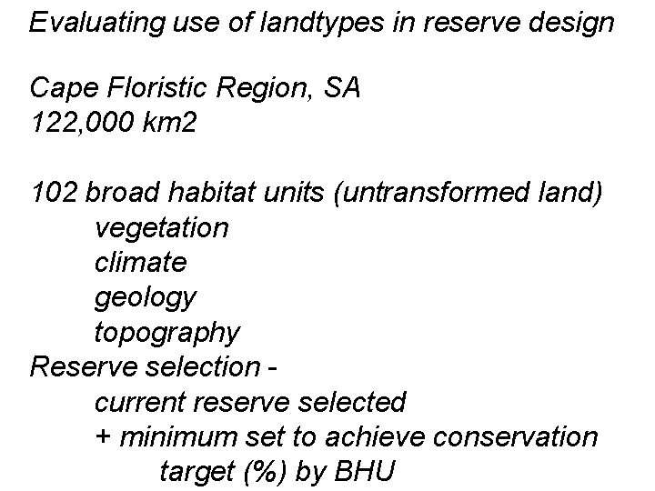 Evaluating use of landtypes in reserve design Cape Floristic Region, SA 122, 000 km