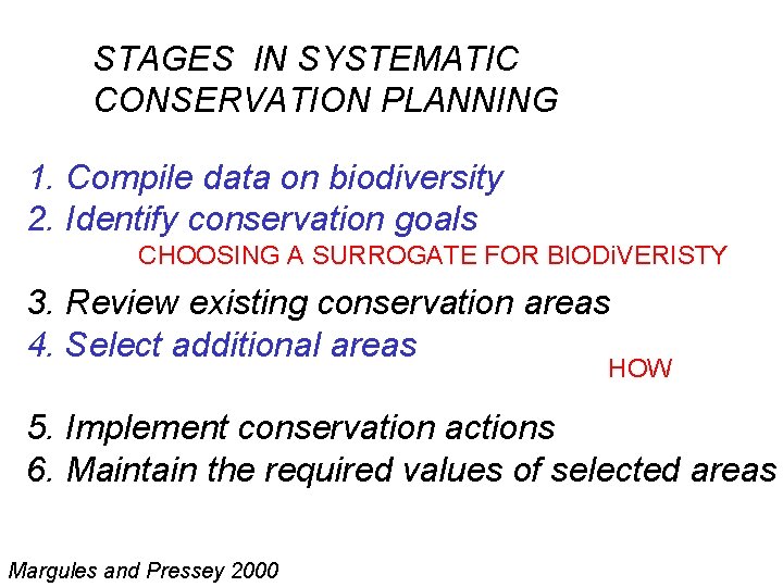 STAGES IN SYSTEMATIC CONSERVATION PLANNING 1. Compile data on biodiversity 2. Identify conservation goals