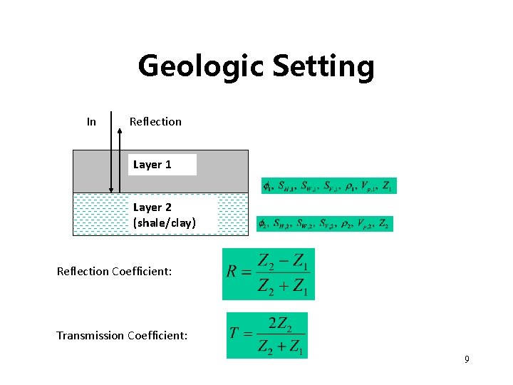 Geologic Setting In Reflection Layer 1 Layer 2 (shale/clay) Reflection Coefficient: Transmission Coefficient: 9