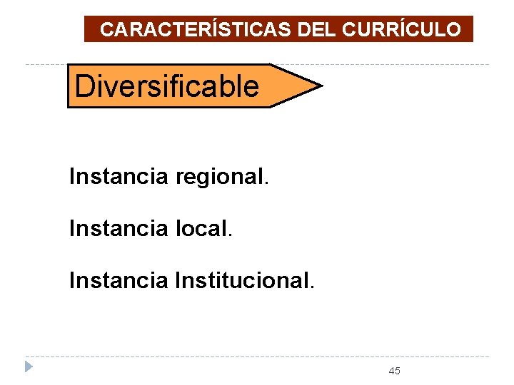 CARACTERÍSTICAS DEL CURRÍCULO Diversificable Instancia regional. Instancia local. Instancia Institucional. 45 