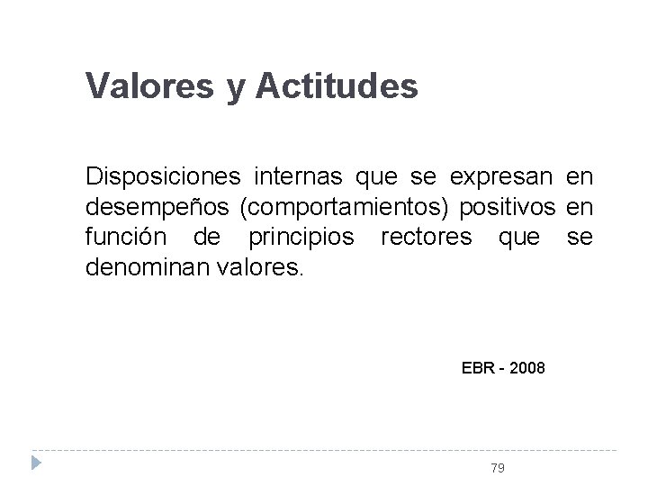 Valores y Actitudes Disposiciones internas que se expresan en desempeños (comportamientos) positivos en función