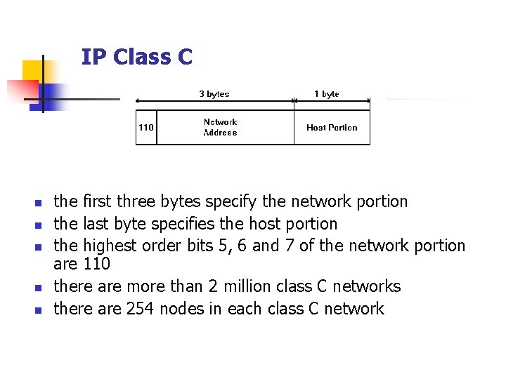 IP Class C n n n the first three bytes specify the network portion