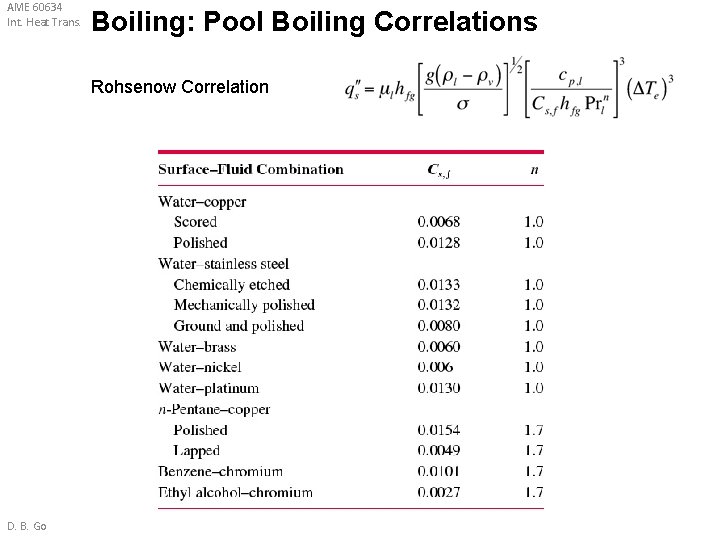 AME 60634 Int. Heat Trans. Boiling: Pool Boiling Correlations Rohsenow Correlation D. B. Go AME 60634 Int. Heat Trans. Boiling: Pool Boiling Correlations Rohsenow Correlation D. B. Go