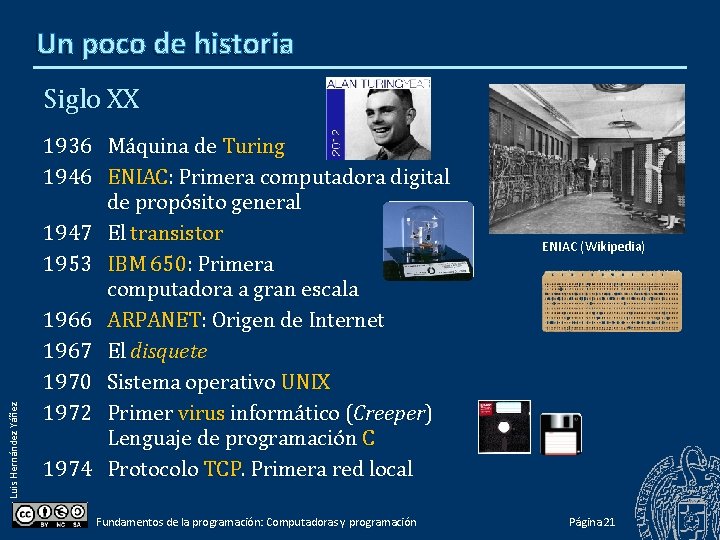 Un poco de historia Luis Hernández Yáñez Siglo XX 1936 Máquina de Turing 1946