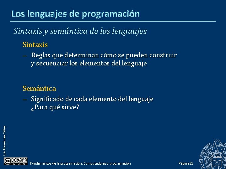 Los lenguajes de programación Sintaxis y semántica de los lenguajes Sintaxis — Reglas que