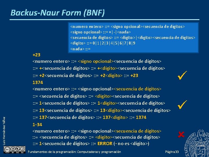 Backus-Naur Form (BNF) Luis Hernández Yáñez <numero entero> : : = <signo opcional><secuencia de