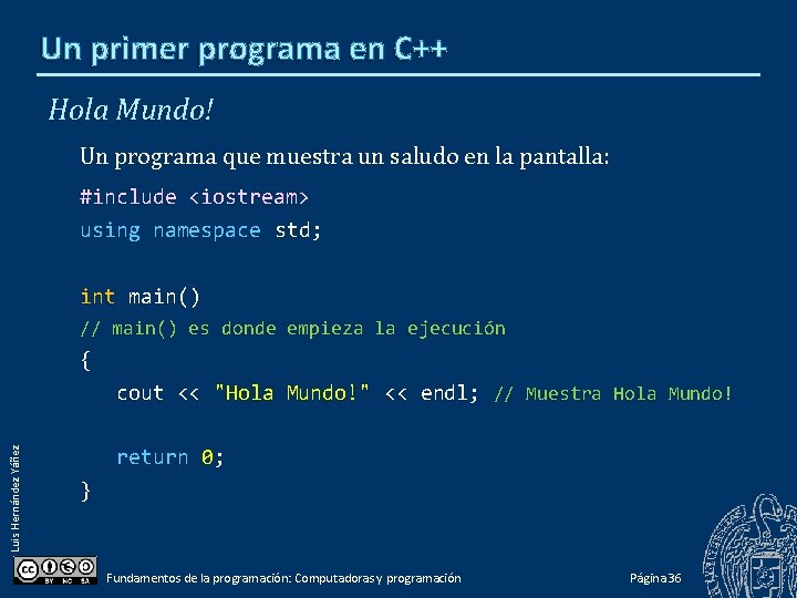 Un primer programa en C++ Hola Mundo! Un programa que muestra un saludo en