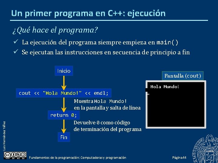 Un primer programa en C++: ejecución ¿Qué hace el programa? La ejecución del programa