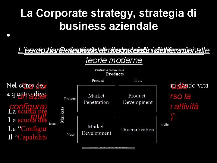  • La Corporate strategy, strategia di business aziendale L’evoluzione degli studi diunstrategia: dalle
