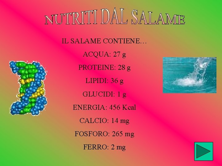 IL SALAME CONTIENE… ACQUA: 27 g PROTEINE: 28 g LIPIDI: 36 g GLUCIDI: 1