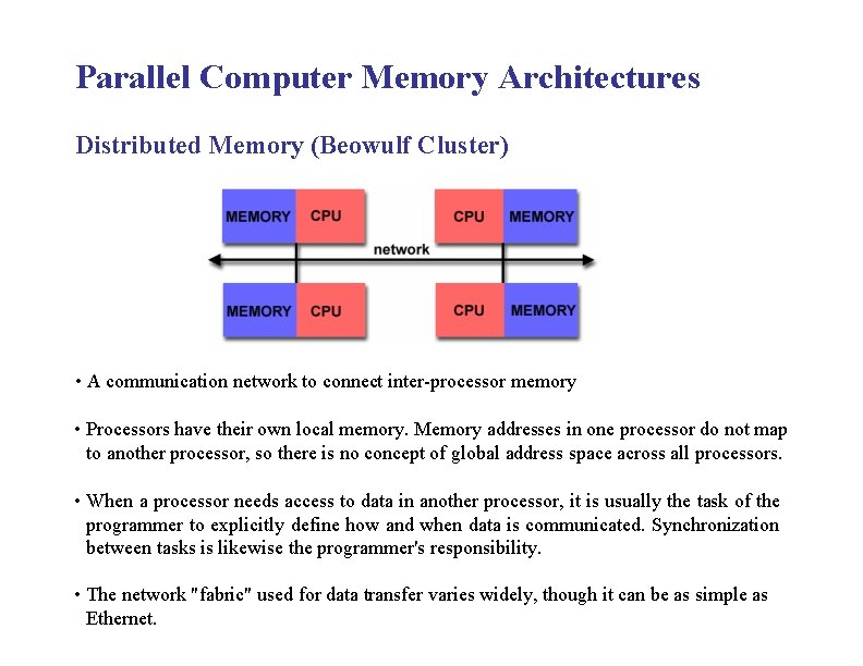 Parallel Computer Memory Architectures Distributed Memory (Beowulf Cluster) • A communication network to connect