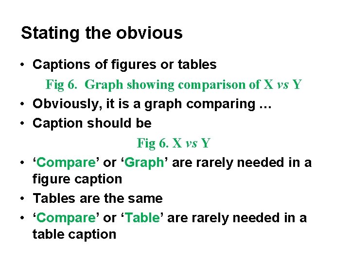 Stating the obvious • Captions of figures or tables Fig 6. Graph showing comparison Stating the obvious • Captions of figures or tables Fig 6. Graph showing comparison