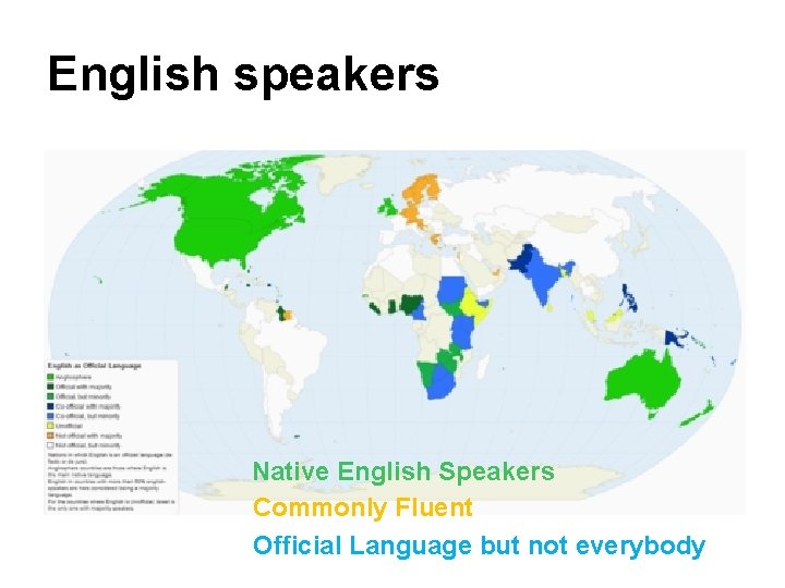 English speakers Native English Speakers Commonly Fluent Official Language but not everybody English speakers Native English Speakers Commonly Fluent Official Language but not everybody