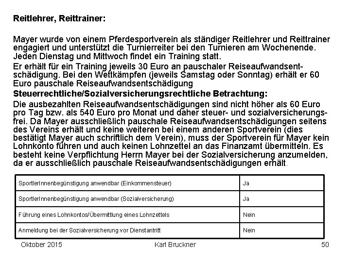 Reitlehrer, Reittrainer: Mayer wurde von einem Pferdesportverein als ständiger Reitlehrer und Reittrainer engagiert und