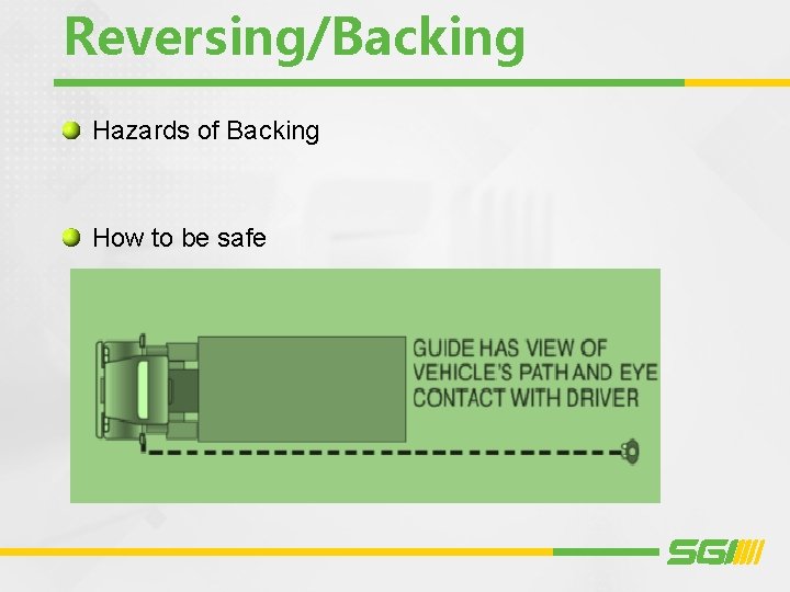 Reversing/Backing Hazards of Backing How to be safe 