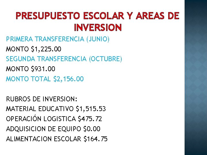 PRESUPUESTO ESCOLAR Y AREAS DE INVERSION PRIMERA TRANSFERENCIA (JUNIO) MONTO $1, 225. 00 SEGUNDA