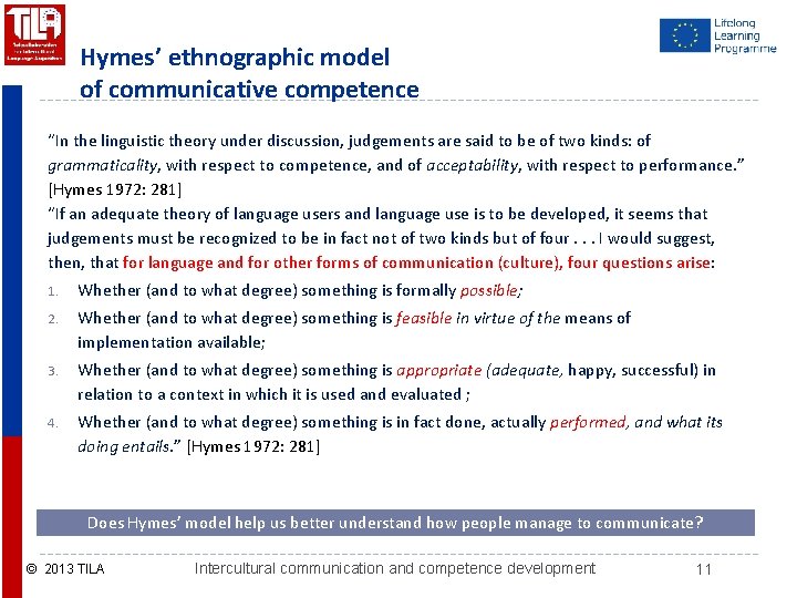 Hymes’ ethnographic model of communicative competence “In the linguistic theory under discussion, judgements are