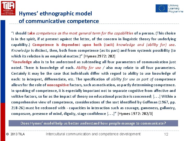 Hymes’ ethnographic model of communicative competence “I should take competence as the most general