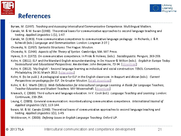 References Byram, M. (1997). Teaching and Assessing Intercultural Communicative Competence. Multilingual Matters. Canale, M. References Byram, M. (1997). Teaching and Assessing Intercultural Communicative Competence. Multilingual Matters. Canale, M.