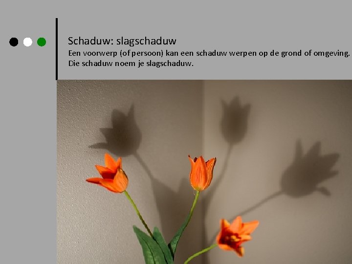 Schaduw: slagschaduw Een voorwerp (of persoon) kan een schaduw werpen op de grond of