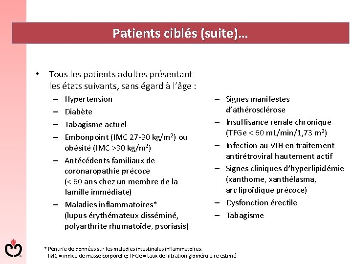 Patients ciblés (suite)… • Tous les patients adultes présentant les états suivants, sans égard