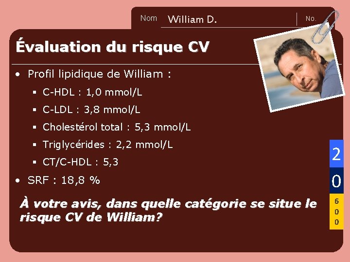 Nom Name William D. No. Évaluation du risque CV • Profil lipidique de William