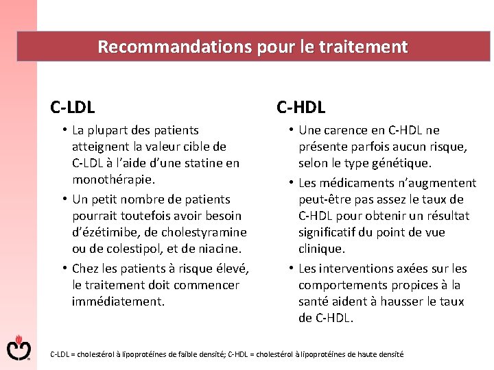 Recommandations pour le traitement C-LDL • La plupart des patients atteignent la valeur cible