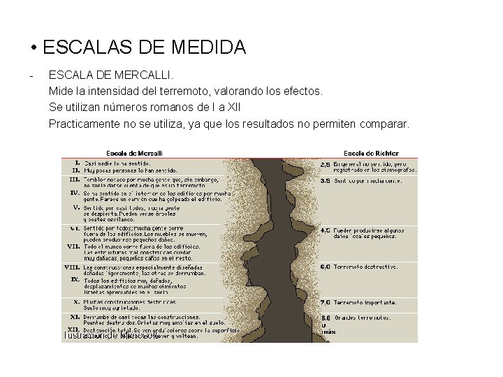 • ESCALAS DE MEDIDA - ESCALA DE MERCALLI. Mide la intensidad del terremoto, • ESCALAS DE MEDIDA - ESCALA DE MERCALLI. Mide la intensidad del terremoto,