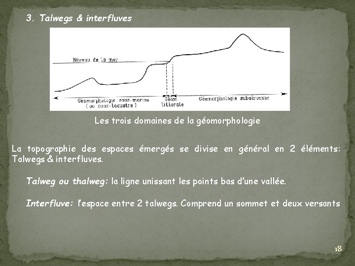 3. Talwegs & interfluves Les trois domaines de la géomorphologie La topographie des espaces