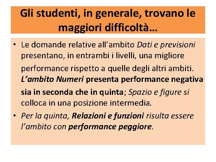 Gli studenti, in generale, trovano le maggiori difficoltà… • Le domande relative all’ambito Dati Gli studenti, in generale, trovano le maggiori difficoltà… • Le domande relative all’ambito Dati
