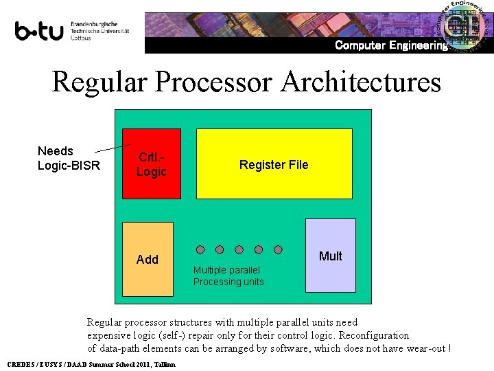 Computer Engineering Regular Processor Architectures Needs Logic-BISR Crtl. Logic Add Register File Multiple parallel