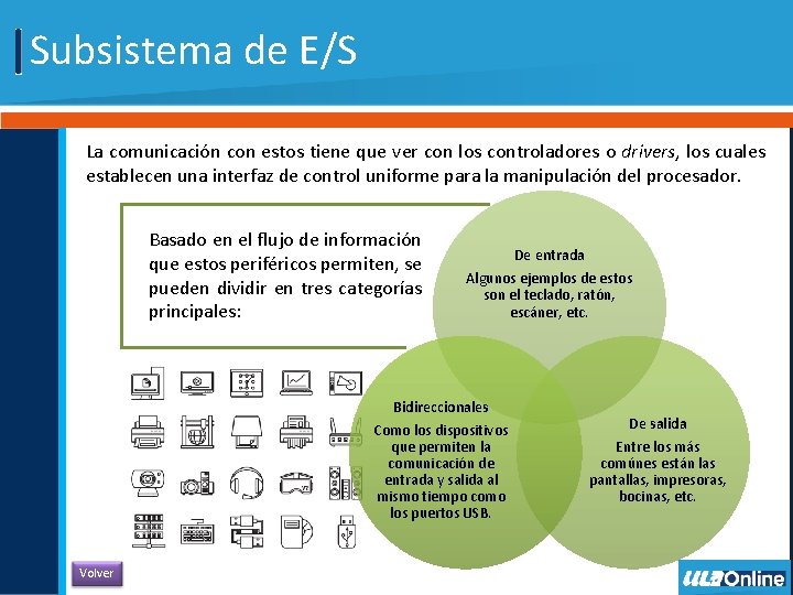 Subsistema de E/S La comunicación con estos tiene que ver con los controladores o