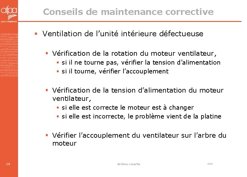Conseils de maintenance corrective § Ventilation de l’unité intérieure défectueuse § Vérification de la