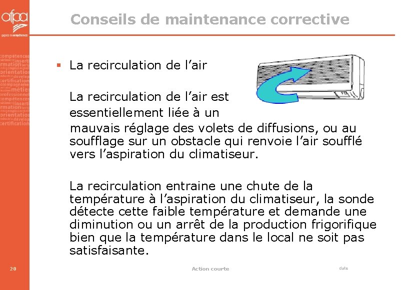 Conseils de maintenance corrective § La recirculation de l’air est essentiellement liée à un