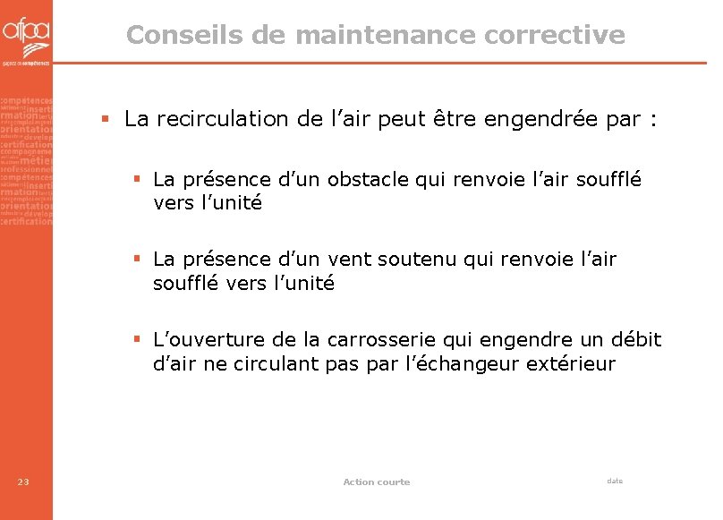 Conseils de maintenance corrective § La recirculation de l’air peut être engendrée par :