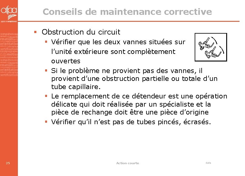 Conseils de maintenance corrective § Obstruction du circuit § Vérifier que les deux vannes