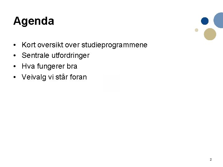 Agenda • • Kort oversikt over studieprogrammene Sentrale utfordringer Hva fungerer bra Veivalg vi